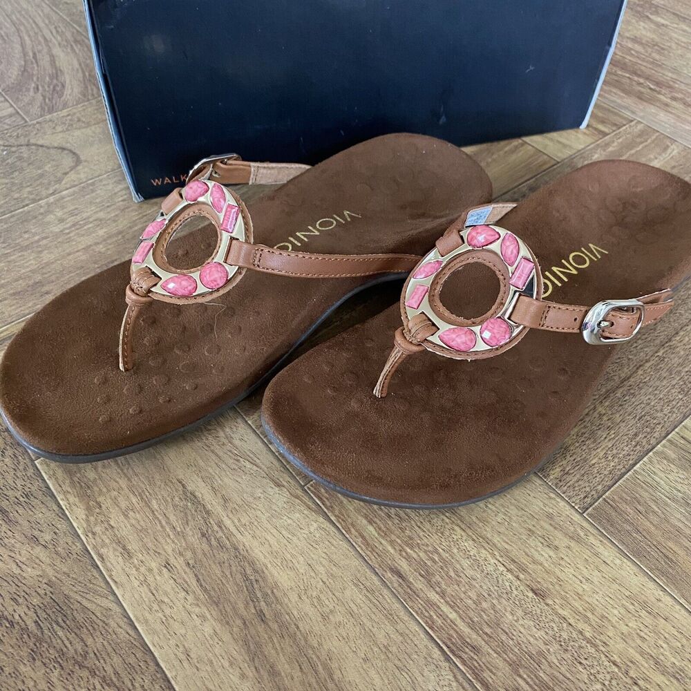 Vionic Flip Flops Women 6 Brown Pink Rest Ricci‎ Thong Sandals Leather Beaded - Picture 3 of 13